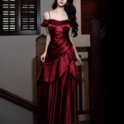 Rosaire Elegant Scarlet Off-Shoulder Ruffles Evening Dress