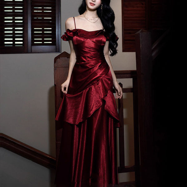Rosaire Elegant Scarlet Off-Shoulder Ruffles Evening Dress