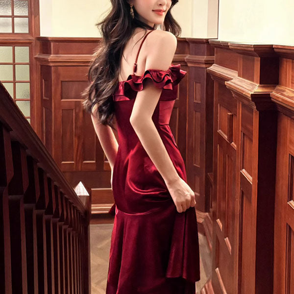 Rosaire Elegant Scarlet Off-Shoulder Ruffles Evening Dress