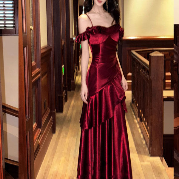 Rosaire Elegant Scarlet Off-Shoulder Ruffles Evening Dress
