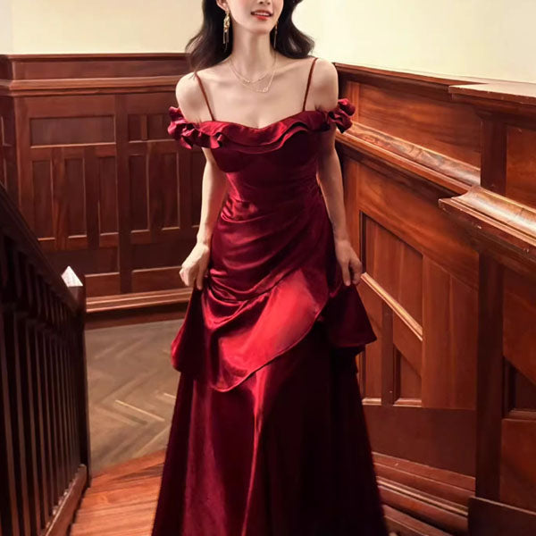 Rosaire Elegant Scarlet Off-Shoulder Ruffles Evening Dress