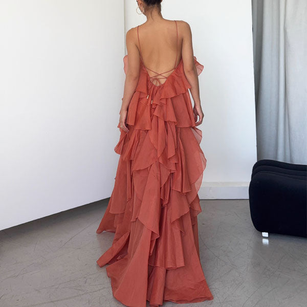 Lili Whimsical Layered Ruffles Halter Dress L / Sienna Orange Lili Whimsical Layered Ruffles Halter Dress L / Sienna Orange