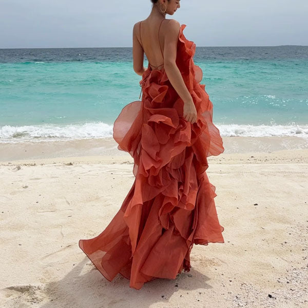 Lili Whimsical Layered Ruffles Halter Dress L / Sienna Orange
