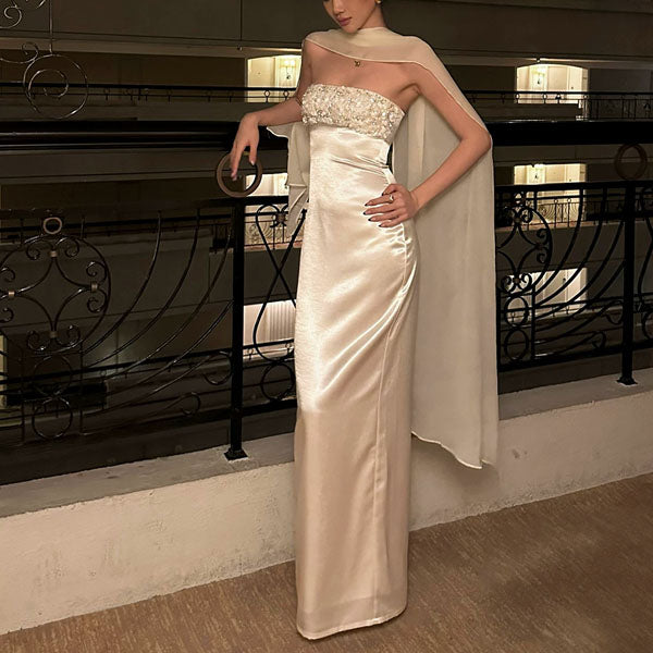 Colette Embellished Strapless Satin Evening Dress with Scarf  The  Wildflower Shop