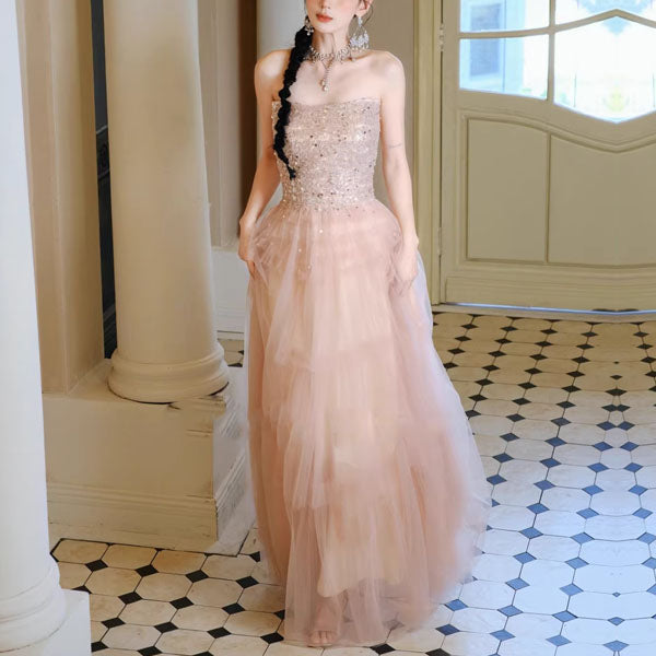 pink sparkly tulle dress Shimmering Pink Sparkly Tulle Prom Dress with Puffed Sleeve 22300 Pink / 24W