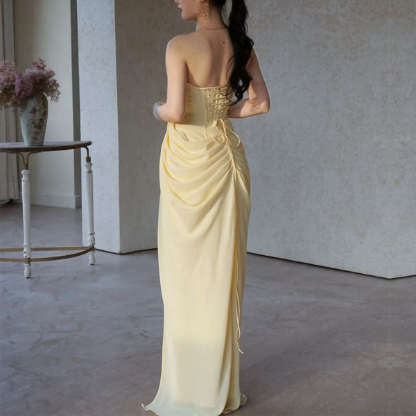 Elysia Yellow Strapless Corset Ruched Drape Evening Dress XS / Dress Only