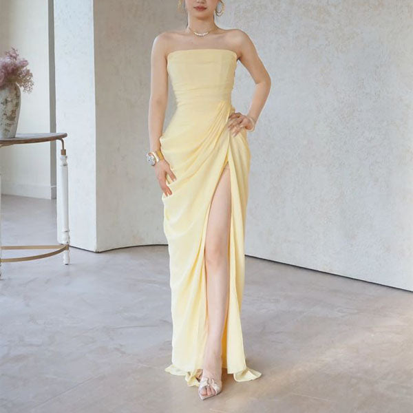 Elysia Yellow Strapless Corset Ruched Drape Evening Dress XS / Dress Only