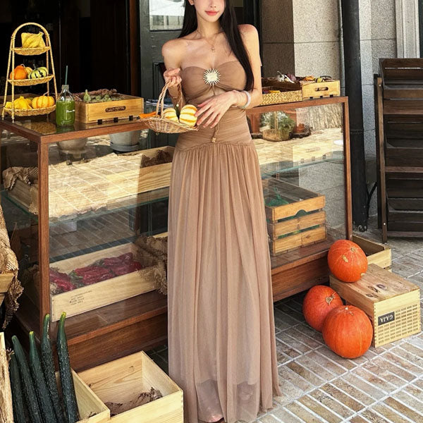 Ethena Strapless Ruched Goddess Maxi Dress L Ethena Strapless Ruched Goddess Maxi Dress L