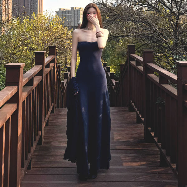 Ashley Navy Blue Strapless Knit Dress with Ribbed Shrug Set