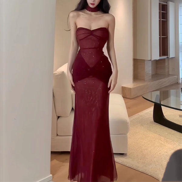 Yari Elegant Tube Shimmer Evening Dress M / Wine Yari Elegant Tube Shimmer Evening Dress M / Wine