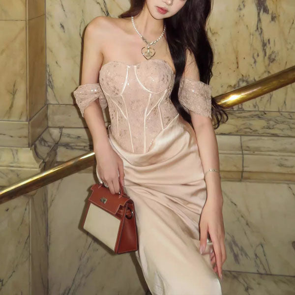 Sara Ethereal Lace Off-Shoulder Drape Evening Dress The Wildflower Shop Sara Ethereal Lace Off-Shoulder Drape Evening Dress The Wildflower Shop