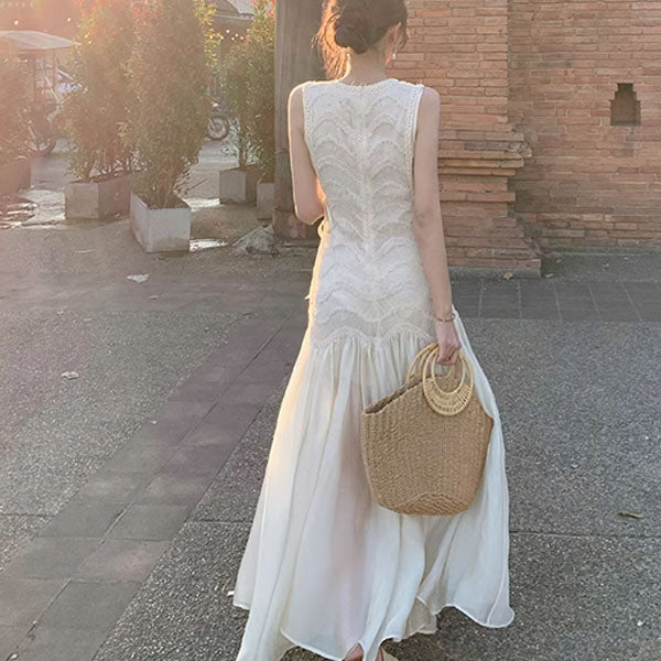 Catherina Elegant Ivory Knit Lace Maxi Dress