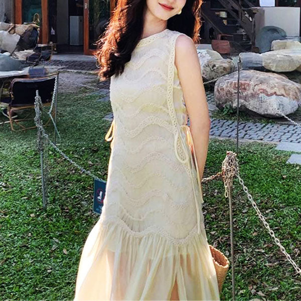 Catherina Elegant Ivory Knit Lace Maxi Dress