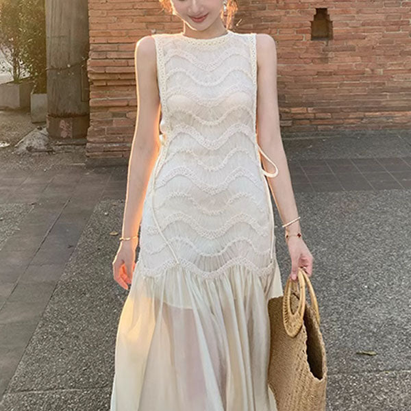 Catherina Elegant Ivory Knit Lace Maxi Dress