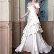 Meliora Elegant Ivory Off-Shoulder Ruffles Evening Dress