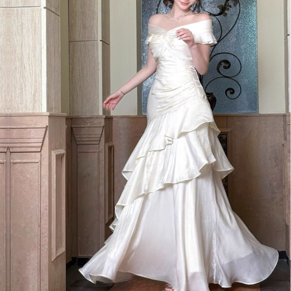 Meliora Elegant Ivory Off-Shoulder Ruffles Evening Dress