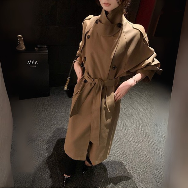 Clara Elegant Khaki Mid-Length Double-Breasted Trench Coat