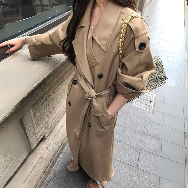 Clara Elegant Khaki Mid-Length Double-Breasted Trench Coat
