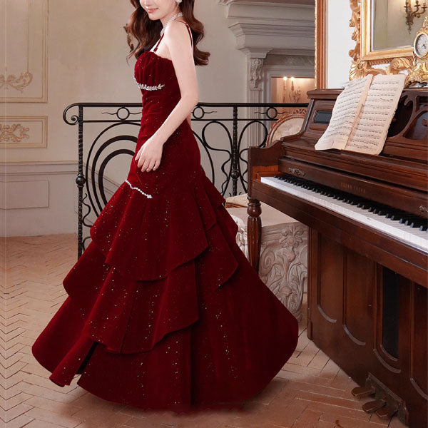 Julia Red Jewel-Embellished Velvet Ruffles Evening Dress