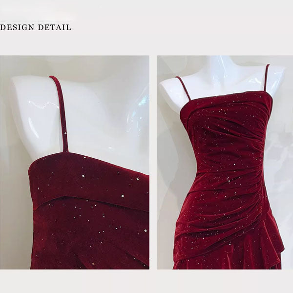 Karlie Velvet Wine Red Tiered Ruffle Evening Dress