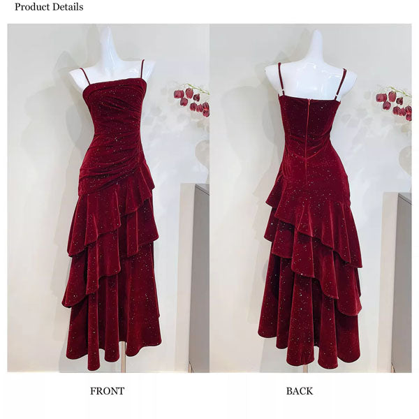 Karlie Velvet Wine Red Tiered Ruffle Evening Dress