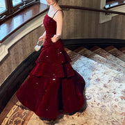 Karlie Velvet Wine Red Tiered Ruffle Evening Dress