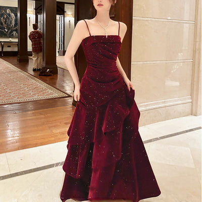 Karlie Velvet Wine Red Tiered Ruffle Evening Dress