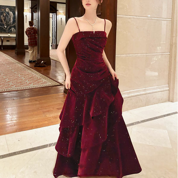 Karlie Velvet Wine Red Tiered Ruffle Evening Dress