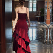 Karlie Velvet Wine Red Tiered Ruffle Evening Dress