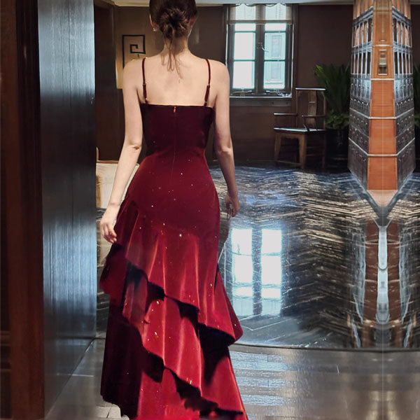 Karlie Velvet Wine Red Tiered Ruffle Evening Dress