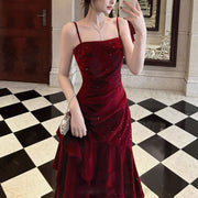 Karlie Velvet Wine Red Tiered Ruffle Evening Dress