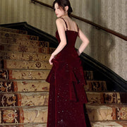 Karlie Velvet Wine Red Tiered Ruffle Evening Dress