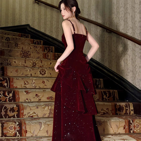 Karlie Velvet Wine Red Tiered Ruffle Evening Dress