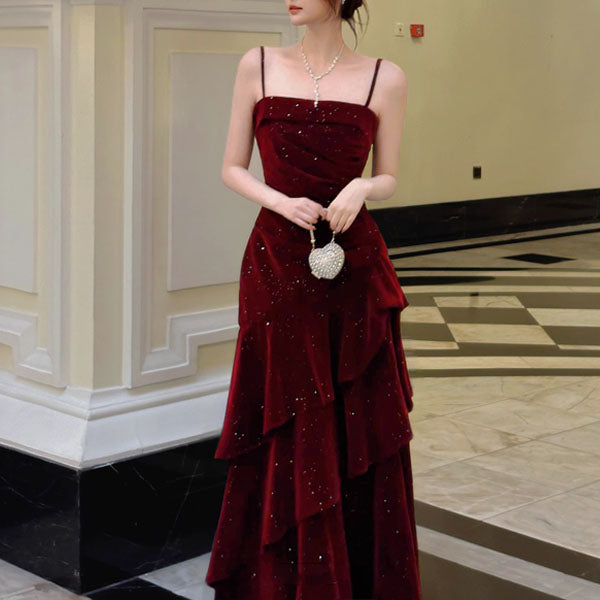Karlie Velvet Wine Red Tiered Ruffle Evening Dress M