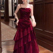 Karlie Velvet Wine Red Tiered Ruffle Evening Dress