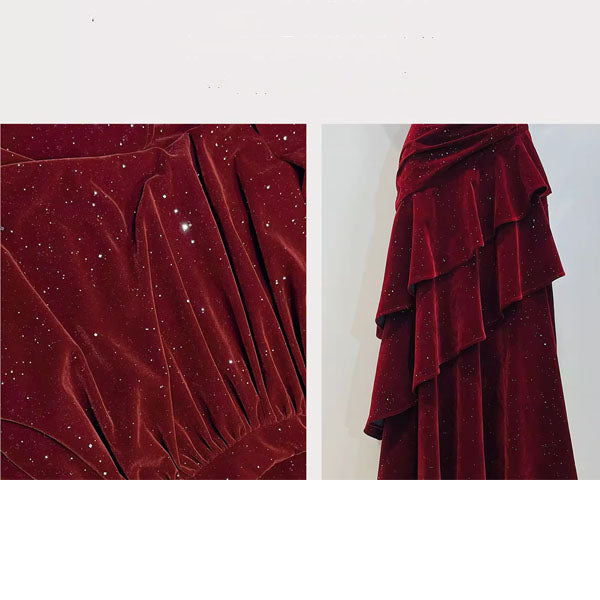 Karlie Velvet Wine Red Tiered Ruffle Evening Dress