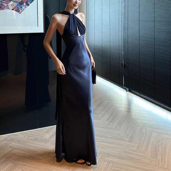 Venus Midnight Navy Elegance Satin Maxi Dress M