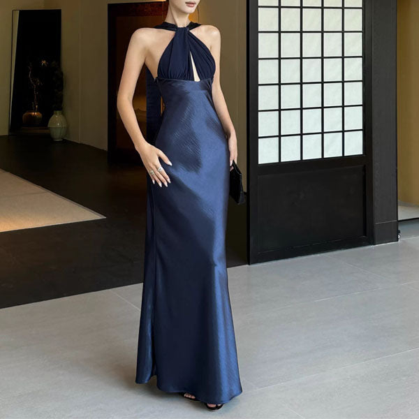 Venus Midnight Navy Elegance Satin Maxi Dress M