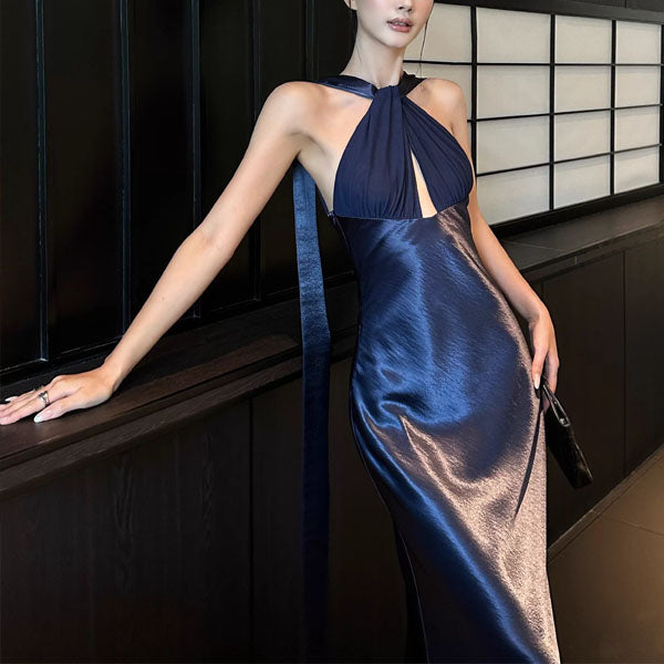 midnight blue satin dress Venus Navy Elegance Maxi M edit: PARTY AW25-1 Color:Navy Sequin dry clean is also Still No Service Dress
