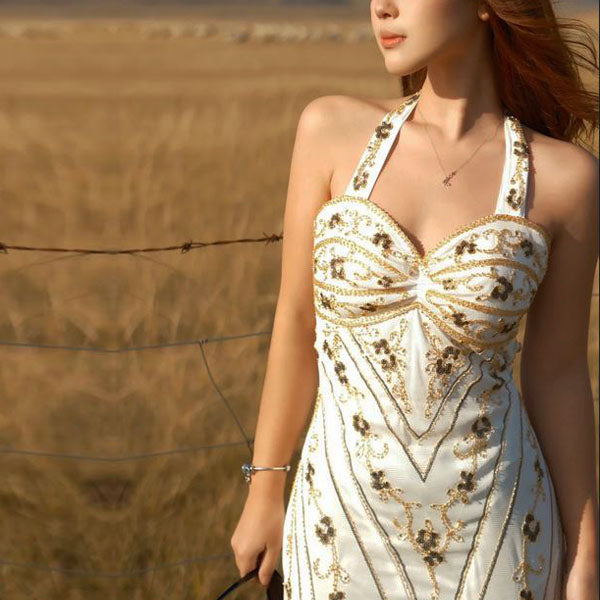 Carrisa Vintage-Inspired Enchanted Gold Embroidery Dress