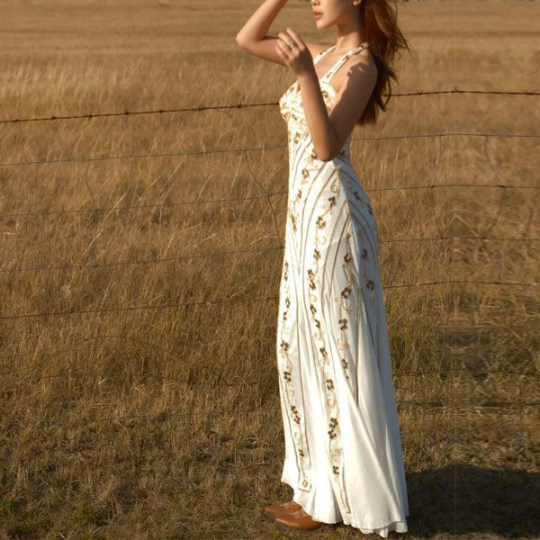 Carrisa Vintage-Inspired Enchanted Gold Embroidery Dress