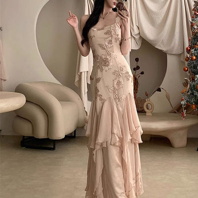 Erinda Vintage Inspired Champagne Floral Layered Dress