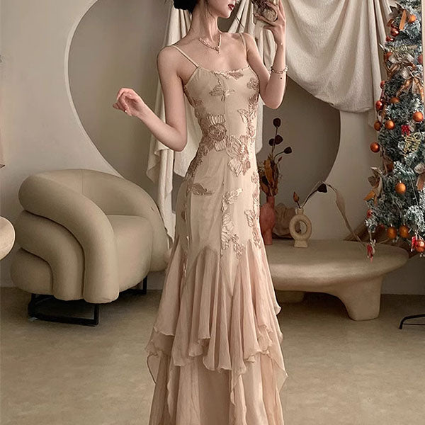 Erinda Vintage Inspired Champagne Floral Layered Dress