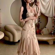 Erinda Vintage Inspired Champagne Floral Layered Dress
