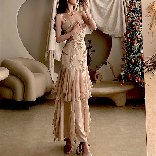 Erinda Vintage Inspired Champagne Floral Layered Dress