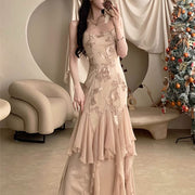 Erinda Vintage Inspired Champagne Floral Layered Dress