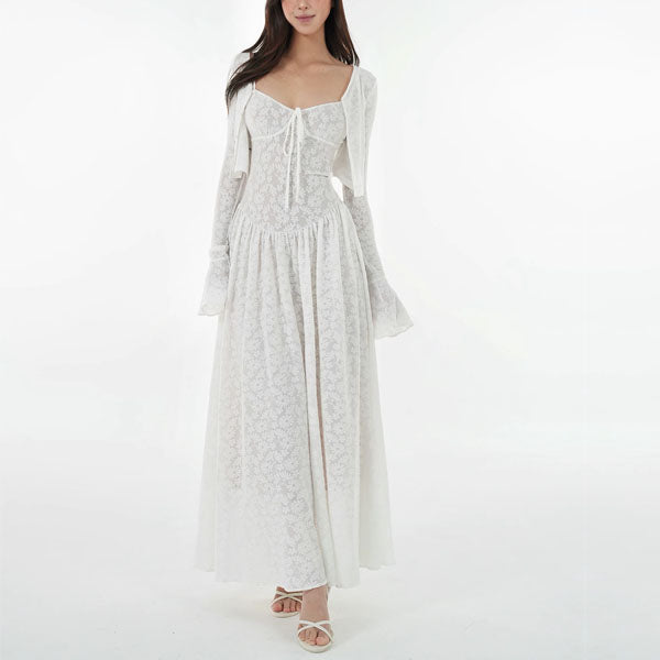 Kyuri White Texture Floral Print Maxi Dress