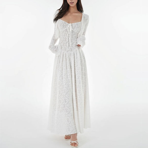 Kyuri White Texture Floral Print Maxi Dress