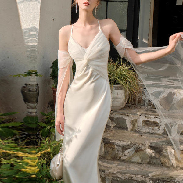 Katrina Ivory Draped Front Satin Evening Dress