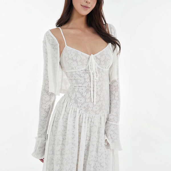 Kyuri White Texture Floral Print Maxi Dress